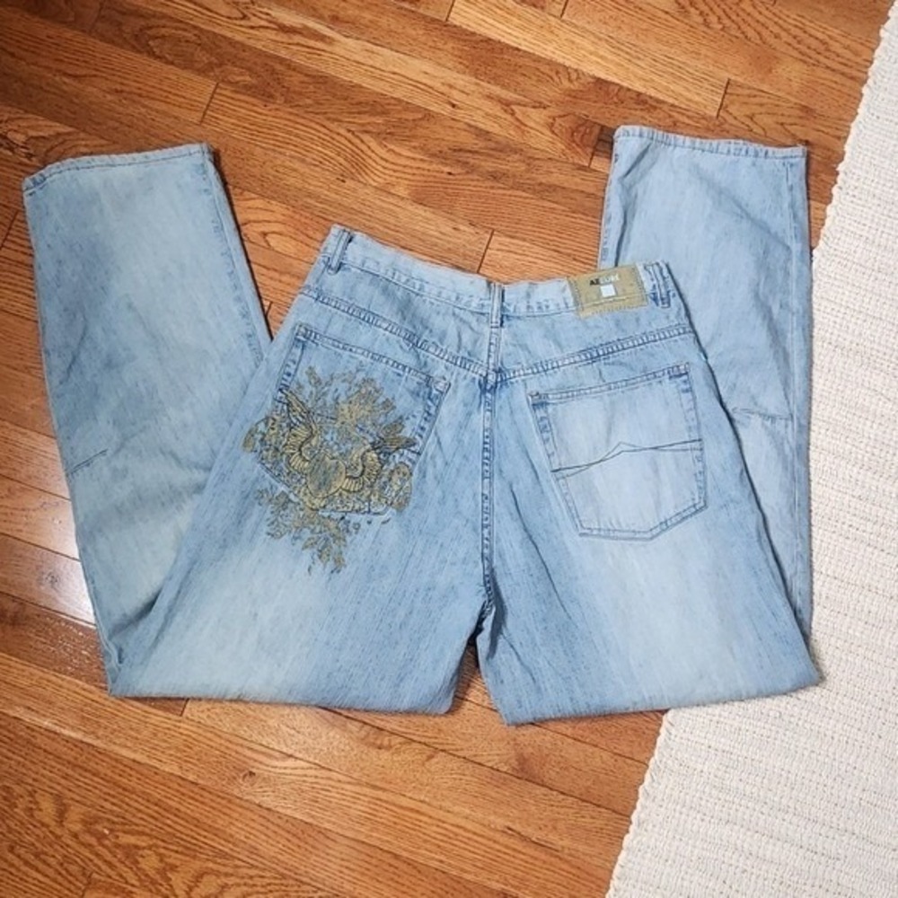 VTG Y2K Azzure Mens Baggy Jeans Light Wash Embroidered Perfect Fit Loose 36x34